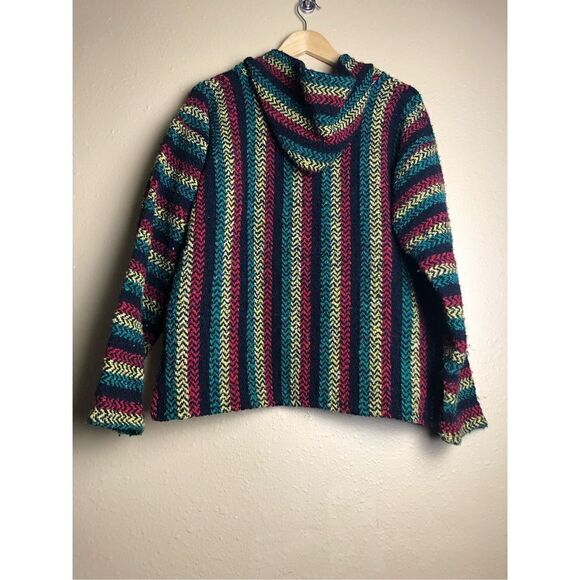 BAJA JOE Striped Hippie Boho Rasta Poncho Hoodie Size S Black Green,Red - Picture 3 of 15